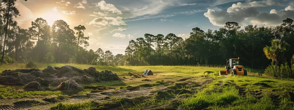 a local bobcat service provider skillfully maneuvers a powerful machine through a sunlit central florida landscape, expertly shaping the terrain dotted with vibrant greenery and mature trees.