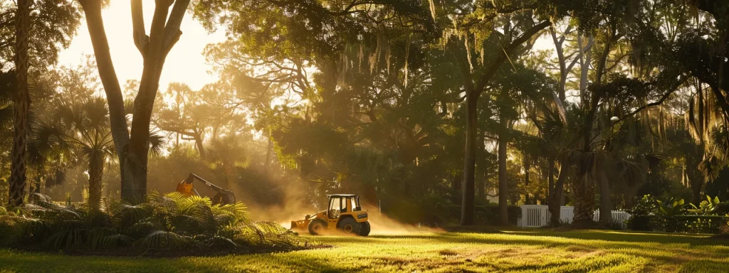 a picturesque scene of a bobcat working diligently on a lush central florida landscape, showcasing a vibrant array of trees being expertly trimmed, with golden sunlight filtering through the leaves, highlighting the precision and care of the tree service.