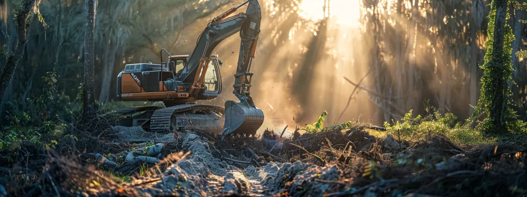 a powerful bobcat excavator skillfully clears dense underbrush under the warm florida sun, illustrating the expertise and reliability of top-rated tree service companies in volusia county.