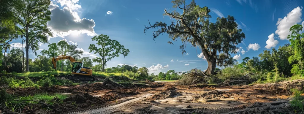 a professional tree removal crew efficiently navigates a lush central florida landscape, showcasing towering trees being skillfully felled against a bright blue sky, epitomizing reliability and expertise in emergency service.