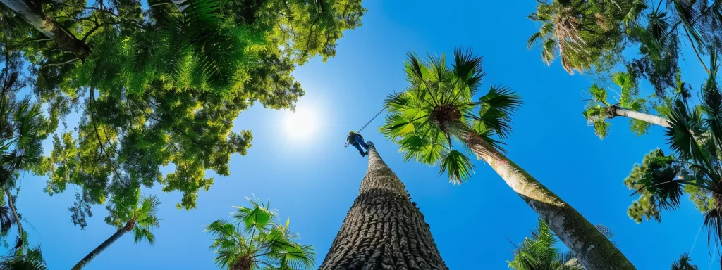 a professional tree removal service operates in a lush central florida landscape, expertly dismantling a towering palm tree against a bright blue sky, highlighting the importance of safety and expertise in maintaining healthy outdoor spaces.