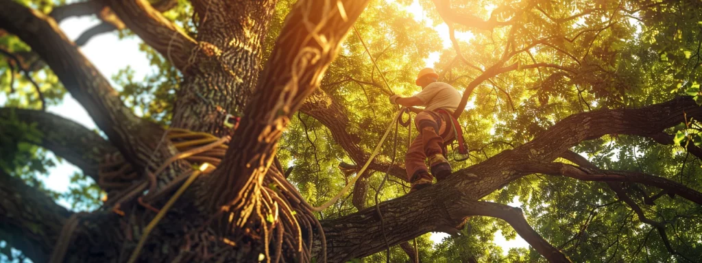 a professional tree service technician expertly removes a towering oak tree from a suburban yard in deland, illuminated by warm, golden sunlight filtering through the lush green canopy above.