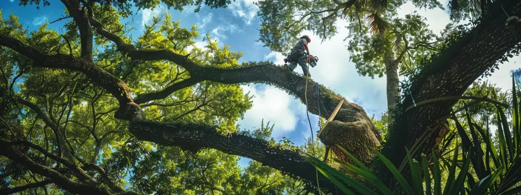 a serene central florida landscape showcases a professional tree removal team efficiently clearing a robust tree, with lush greenery in the background and vibrant blue skies above, highlighting the benefits of affordable, safe, and experienced service.