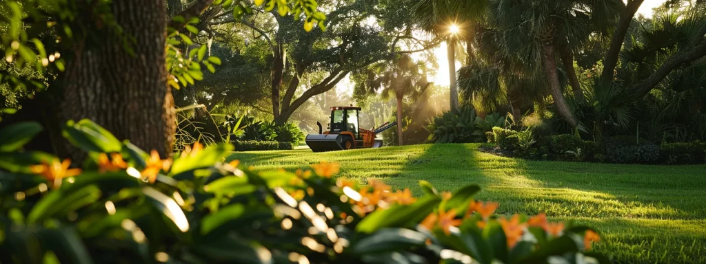 a vibrant central florida landscape showcases a bobcat maneuvering through lush greenery, with homeowners observing the transformative power of professional landscaping services under the warm, golden sunlight.