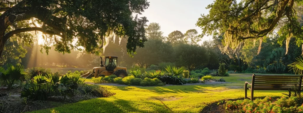 a vibrant landscape scene in central florida showcasing a bobcat machine efficiently working on tree care and land management, illuminated by warm sunlight, with lush greenery and expertly maintained gardens in the background.