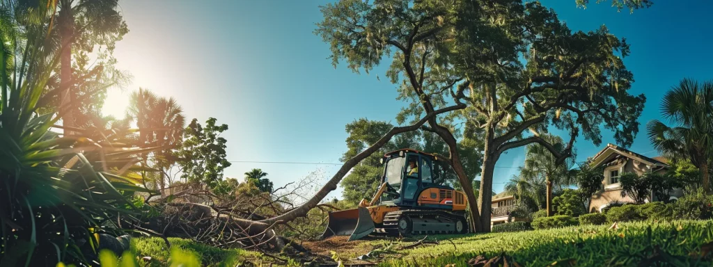 a vibrant scene depicting a skilled bobcat operator efficiently removing a large tree under the warm central florida sun, surrounded by lush greenery and clear blue skies, emphasizing professionalism and trust in local tree services.