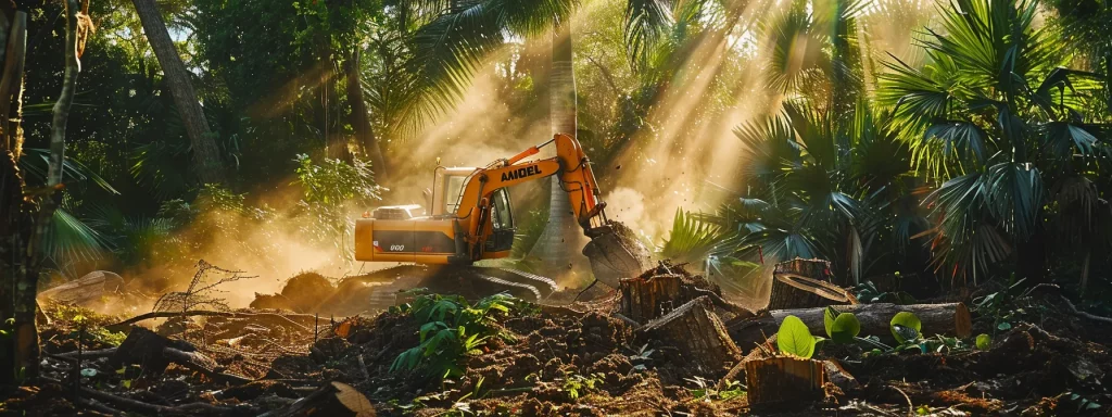 a vibrant scene of a bobcat machine deftly removing tree stumps amid lush, green central florida foliage, bathed in golden sunlight to evoke a sense of efficient and affordable landscaping services.