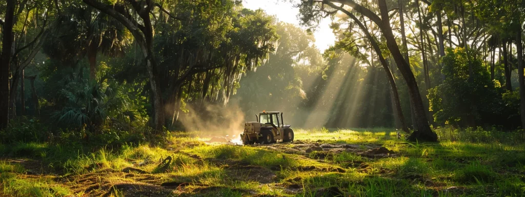 a vibrant scene of a lush central florida landscape, showcasing a professional bobcat at work amidst towering trees, illuminated by warm sunlight filtering through the foliage, highlighting the importance of service quality and community trust.