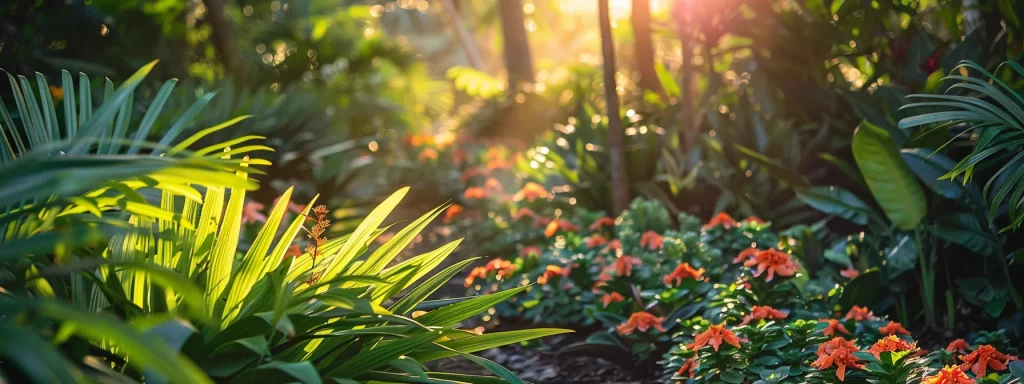 a vibrant, sunlit florida landscape showcases healthy, flourishing plants and well-prepared soil, illustrating the rejuvenation process following tree cutting, with lush greenery and vibrant blossoms harmoniously integrating into their surroundings.