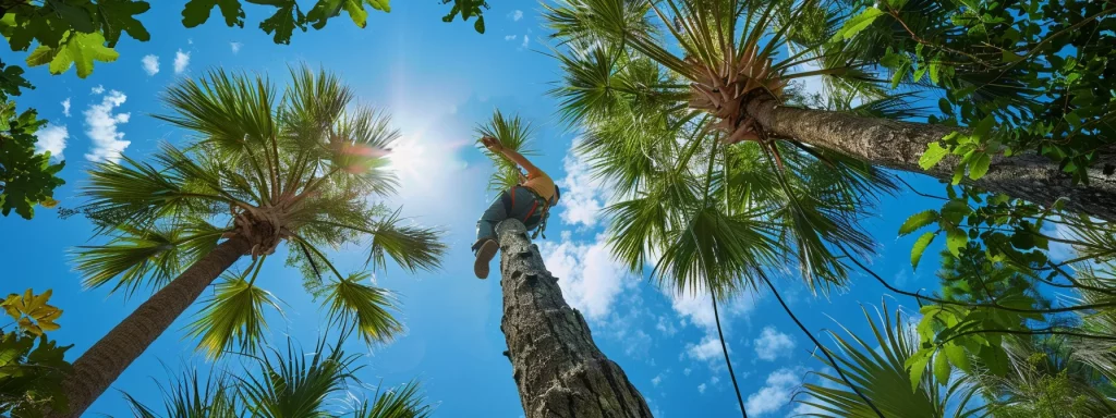 a professional arborist meticulously trims a towering palm tree against a backdrop of sunny blue skies and lush greenery in central florida, showcasing the harmony between nature and skilled craftsmanship.