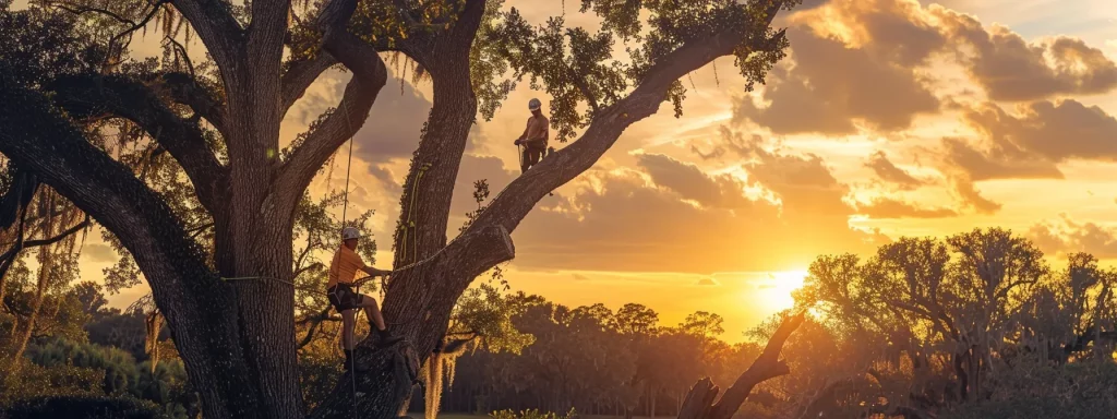 a skilled tree service team meticulously trims towering oak trees under the warm glow of a golden central florida sunset, showcasing the vibrant green foliage against an expansive orange sky.