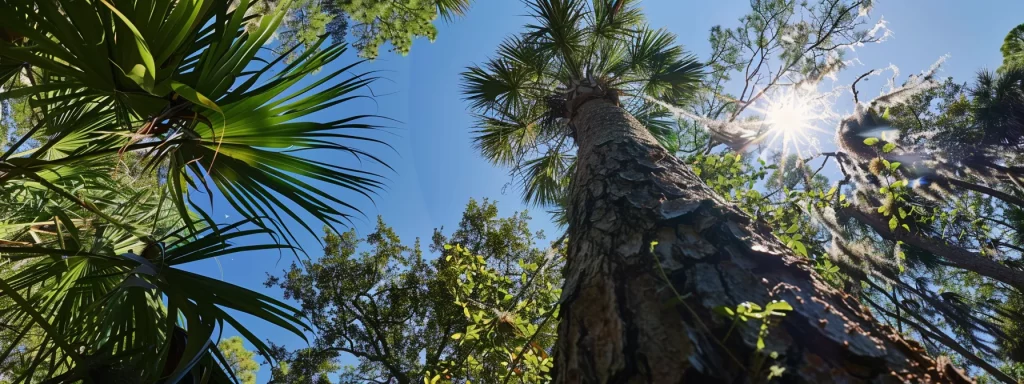 a towering palm tree stands majestically against the vibrant blue sky, as a skilled arborist expertly maneuvers through its lush green fronds, surrounded by the warm sunlight of a central florida landscape.