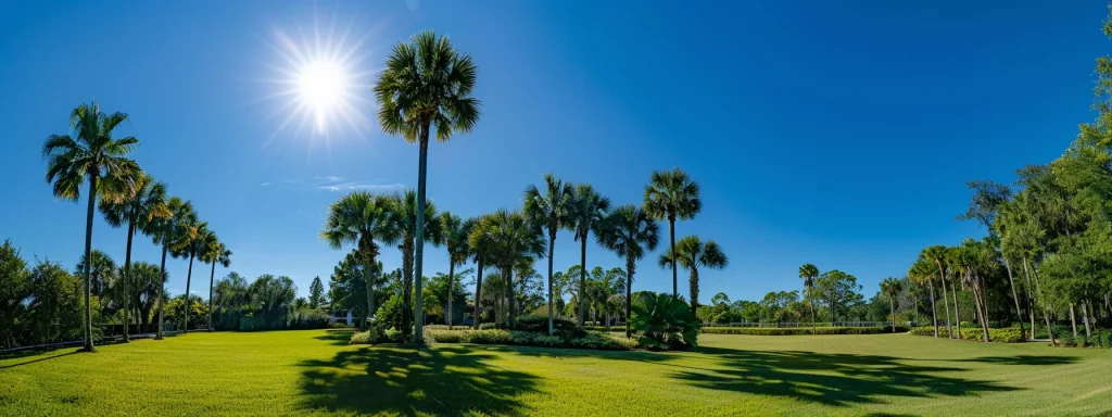a vibrant scene of a skilled tree service team expertly pruning lush, green trees under the bright florida sun, showcasing the intricate beauty of nature against a clear blue sky.