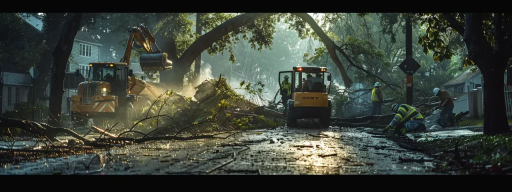 a dynamic urban scene captures a specialized emergency tree removal team in action, efficiently clearing fallen trees from a residential driveway in new smyrna, surrounded by debris and safety equipment, highlighting their commitment to swift and professional service during urgent situations.