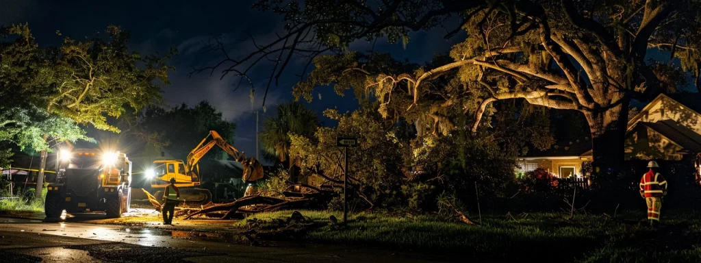 a professional team in safety gear operates heavy machinery to efficiently remove a hazardous tree looming over a home in an urban central florida neighborhood, illuminated by bright floodlights that enhance the urgency of their swift response.