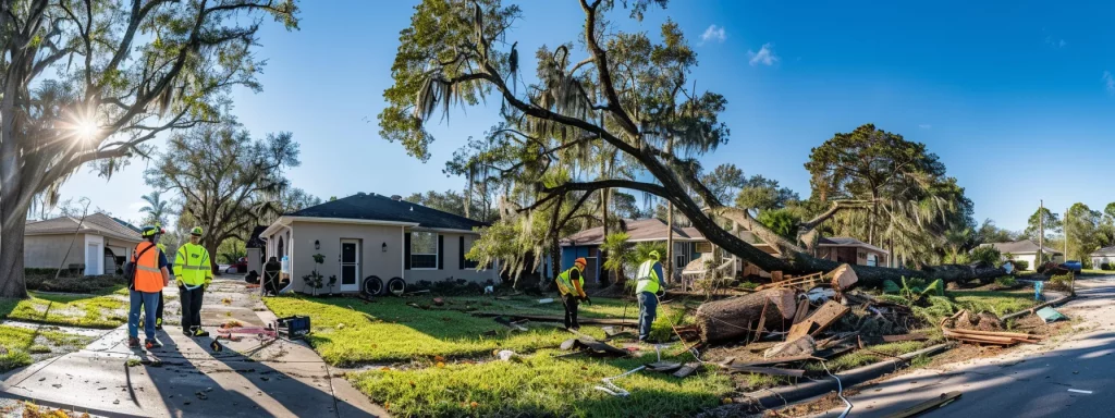 a professional tree care crew in bright safety gear inspects a damaged tree in an urban new smyrna neighborhood, demonstrating emergency response readiness amidst a backdrop of residential homes under a clear blue sky.