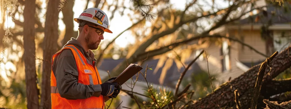 a professional tree service technician in safety gear assesses storm-damaged trees beside a suburban home in central florida, surrounded by clear evidence of damage, while holding a clipboard to document necessary details for an insurance claim.