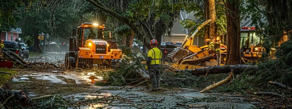 a bustling emergency response scene depicts an isa certified arborist evaluating storm-damaged trees in a residential area of deland, florida, as crew members in safety gear operate heavy machinery amidst debris, emphasizing the urgency and professionalism of post-storm tree care.