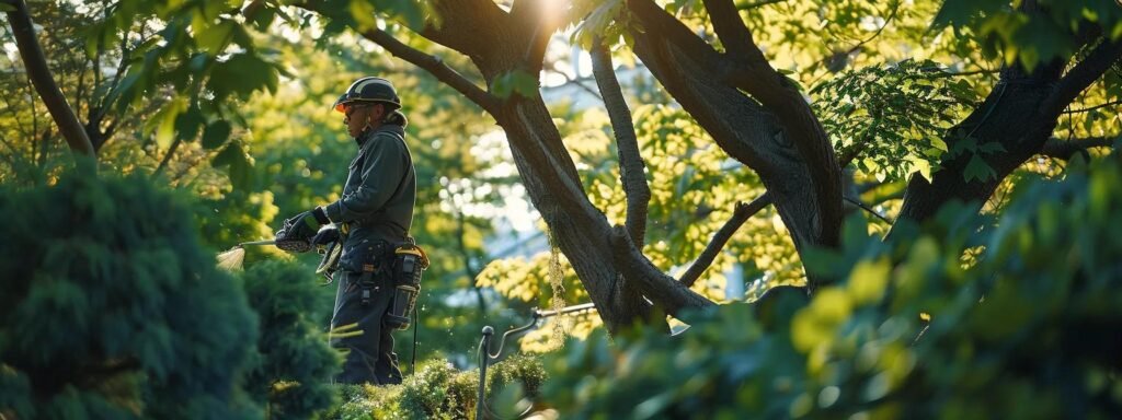 an experienced arborist in a crisp uniform meticulously trims a healthy tree in a vibrant, well-maintained urban landscaping environment, showcasing the essence of professional tree care and the commitment to enhancing tree vigor.