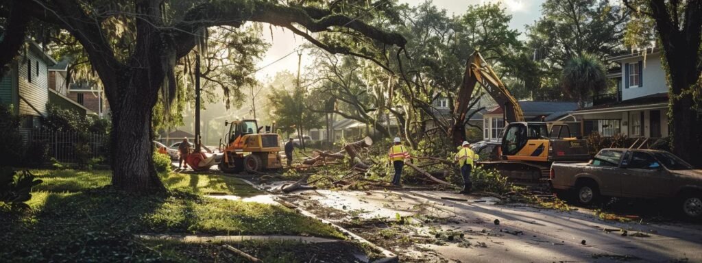 Emergency tree service team clearing storm debris with heavy machinery on residential street in New Smyrna, Florida.