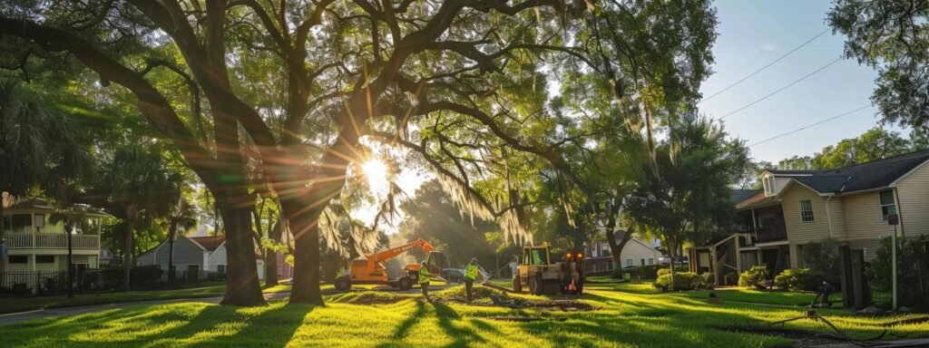Tree care professionals performing emergency tree removal in a residential area, with sunlight filtering through large oak trees and a tree removal machine in operation, highlighting rapid response to storm damage.