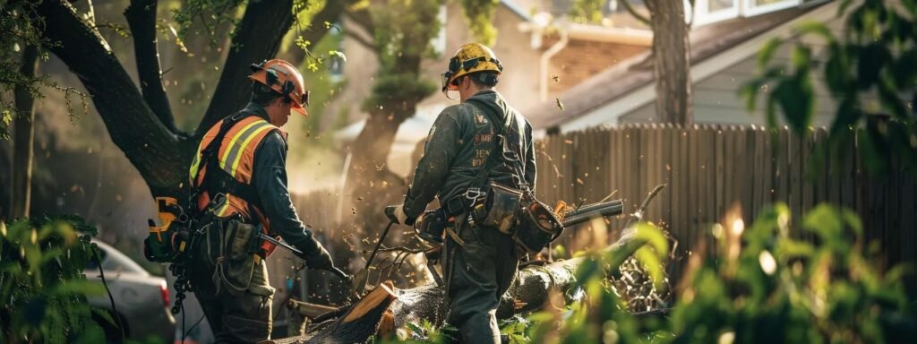Tree care professionals in safety gear performing emergency tree removal, surrounded by fallen branches and debris, emphasizing local expertise in handling tree-related challenges in New Smyrna.