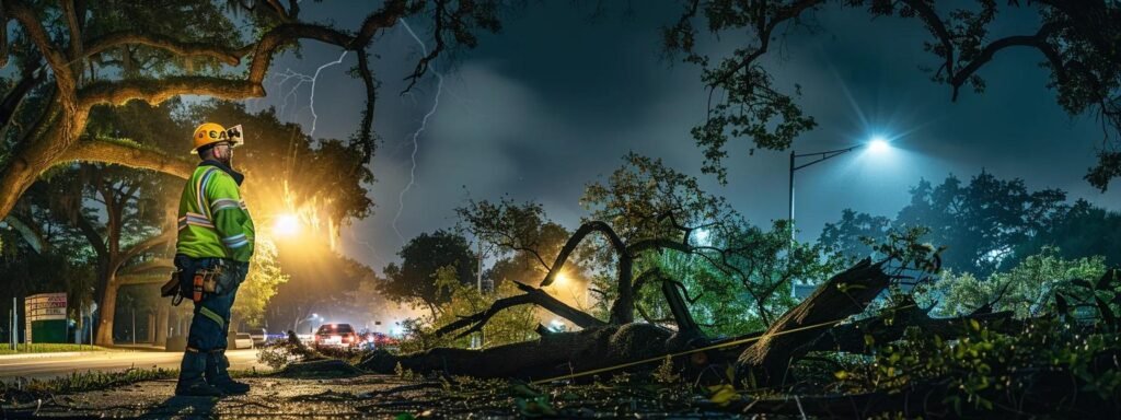 Tree service professional in safety gear assessing storm damage at night, with fallen branches and illuminated streetlights in urban setting, emphasizing emergency tree care and rapid response.