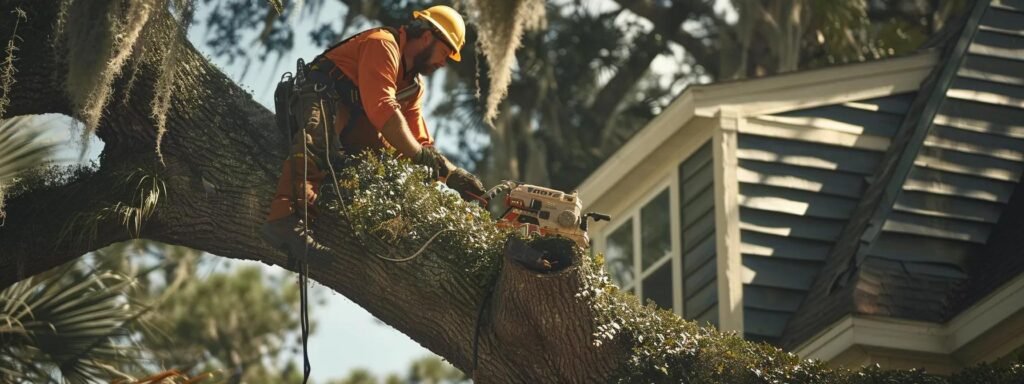 Certified arborist performing tree care services on a large branch near a residential home in New Smyrna, showcasing expertise in emergency tree management.
