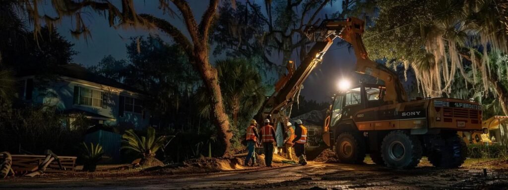 Tree service team in New Smyrna performing emergency tree removal at night, featuring an excavator and certified arborists in safety gear, surrounded by local vegetation and a residential area.
