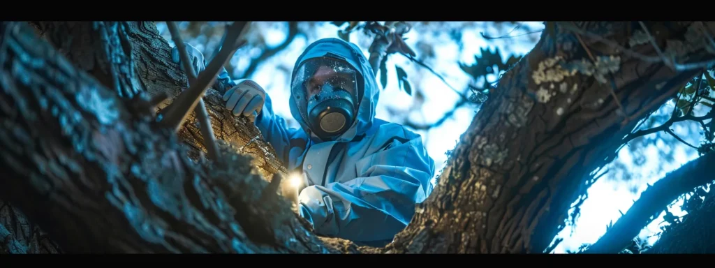 Arborist in protective gear inspecting tree branches, emphasizing tree care and maintenance in New Smyrna Beach.