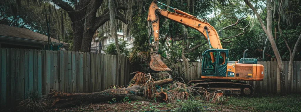 Excavator performing tree removal in a residential yard, surrounded by a wooden fence and overhanging branches, illustrating tree service challenges in New Smyrna Beach.