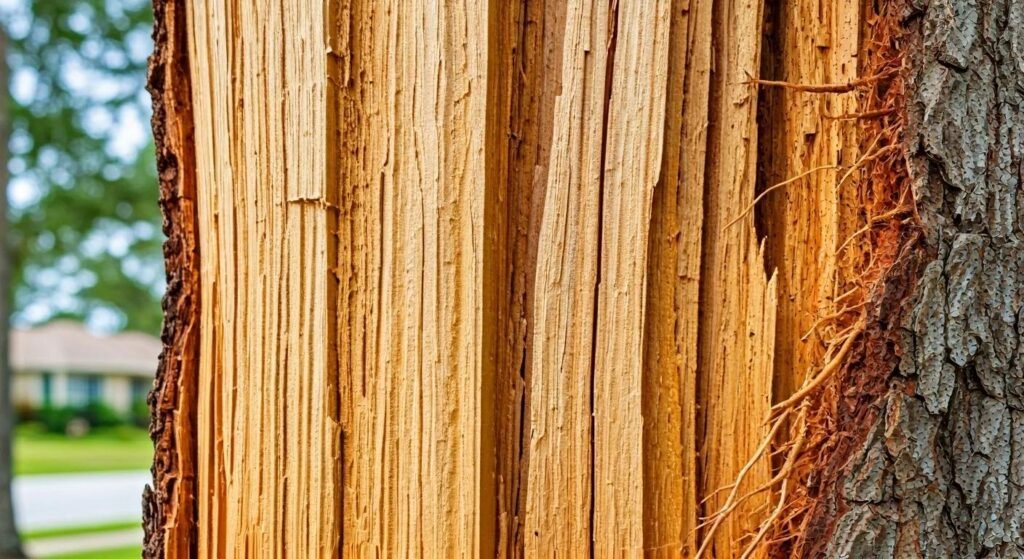 Close-up of a tree trunk displaying large vertical cracks and exposed wood fibers, indicating internal decay and structural instability, relevant to emergency tree services in Deltona, Florida.