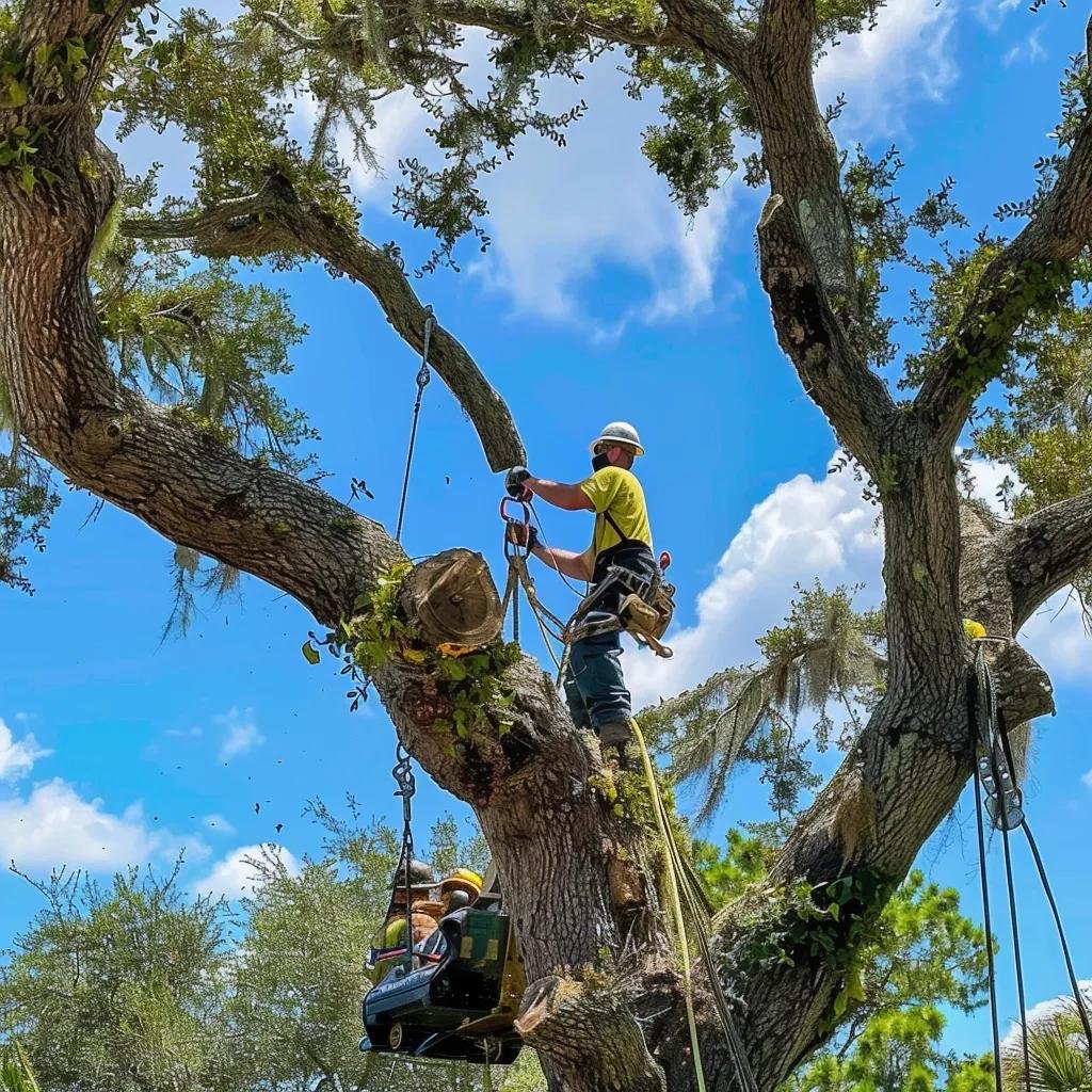 Emergency tree service team removing a large tree in Deltona, Florida, showcasing professionalism and urgency