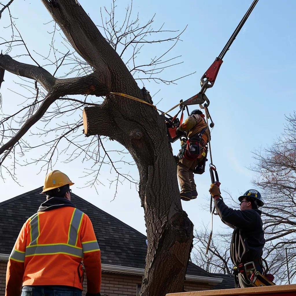 Tree care professionals using crane lift for emergency tree removal, working safely with equipment and harnesses, ensuring efficient removal of hazardous limbs.