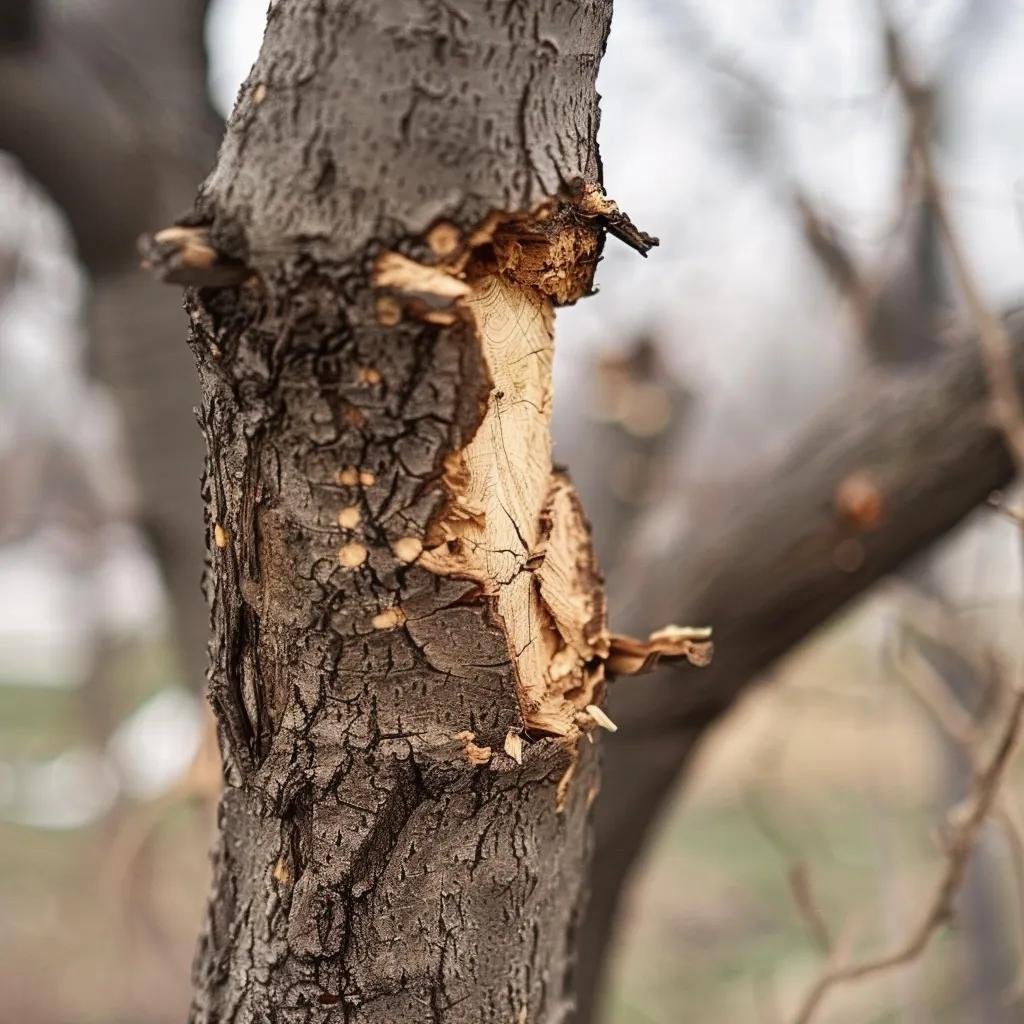 Close-up of a tree showing damage from improper pruning techniques, highlighting the risks to tree health