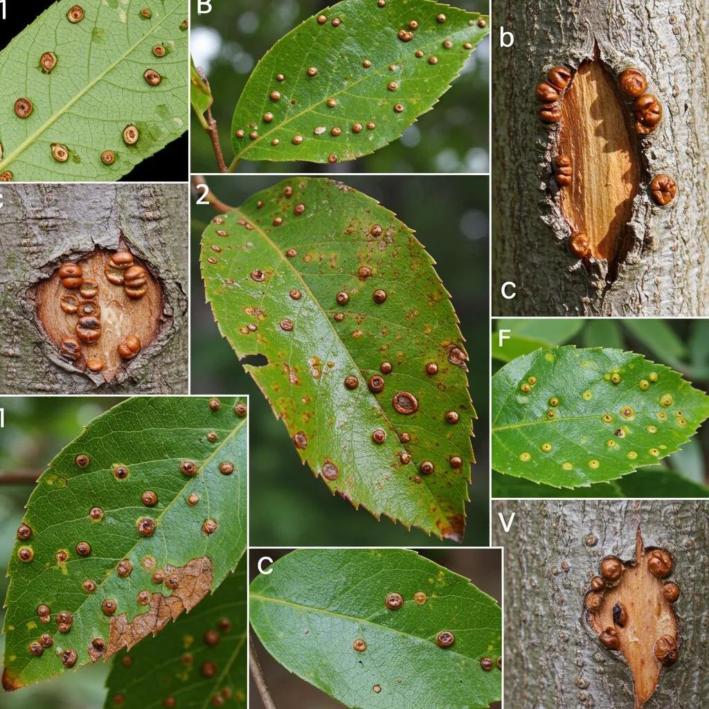 Close-up images of tree leaves and bark showing symptoms of fungal infections, including leaf spots and cankers, relevant to tree disease identification in Volusia County.