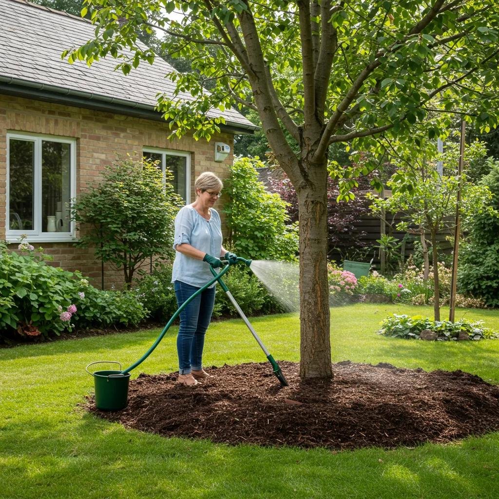 Homeowner practicing tree care techniques, watering a tree in a landscaped yard with mulch, emphasizing disease prevention strategies in Volusia County.