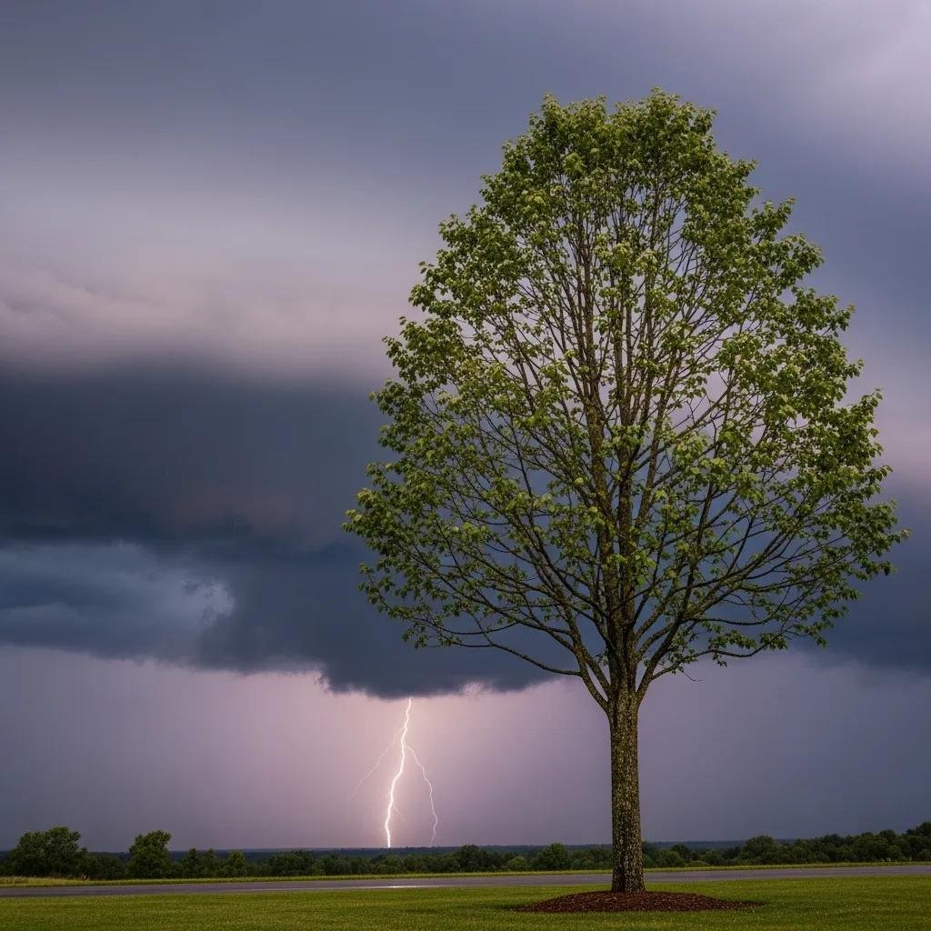 Well-pruned tree under stormy sky with lightning, illustrating importance of tree trimming for storm damage prevention.