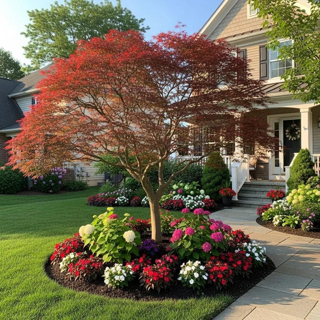 Aesthetically shaped red maple tree surrounded by vibrant flower beds, enhancing curb appeal and property value in a well-maintained garden.
