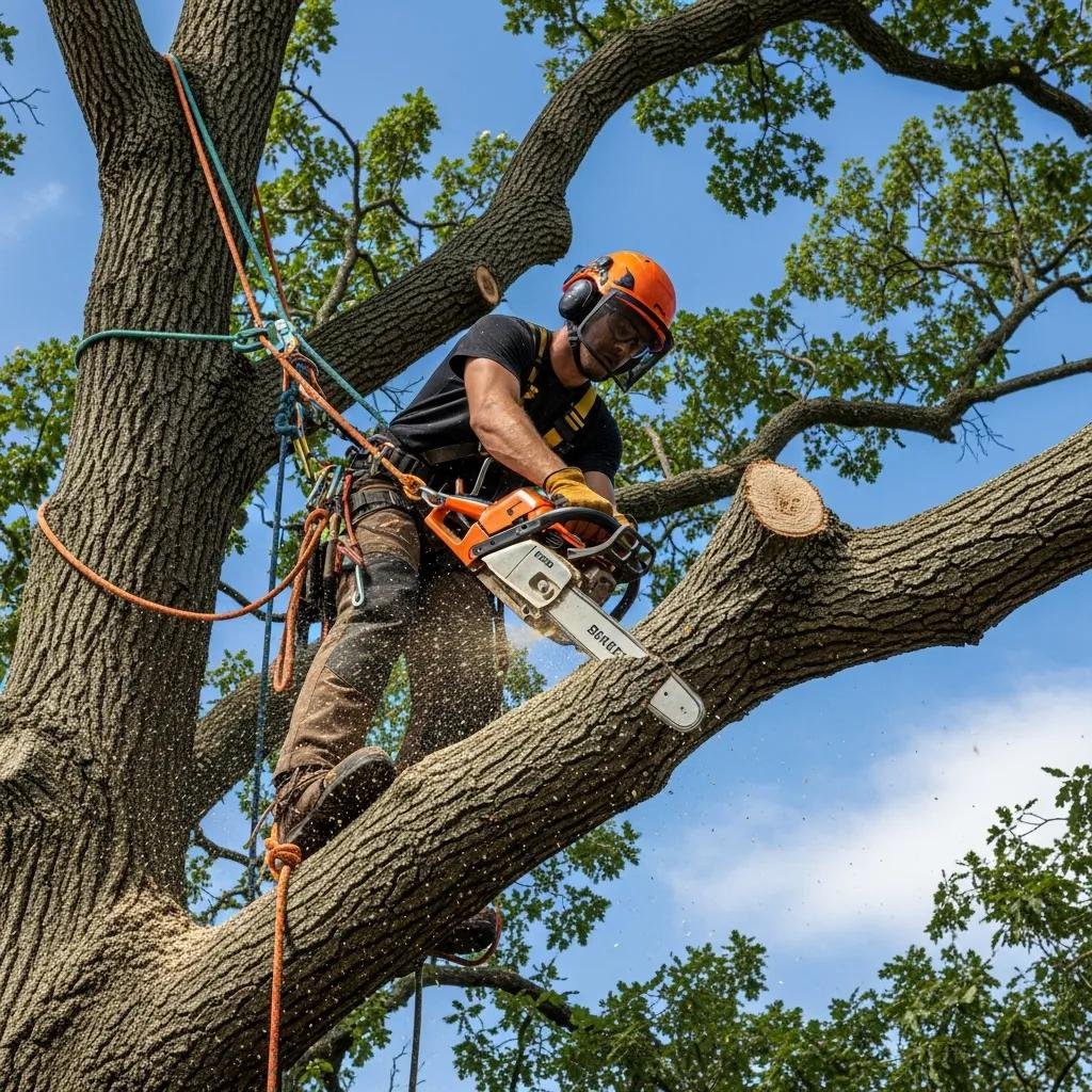 Arborist using a chainsaw to prune a tree branch, emphasizing safety measures in tree maintenance for Orlando homeowners.
