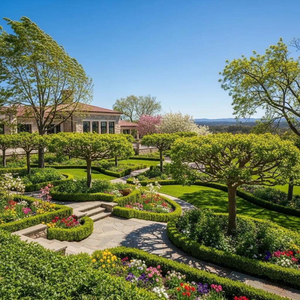 Beautifully landscaped property featuring well-trimmed trees, vibrant flower beds, and a well-maintained stone pathway, enhancing curb appeal and overall aesthetic design.