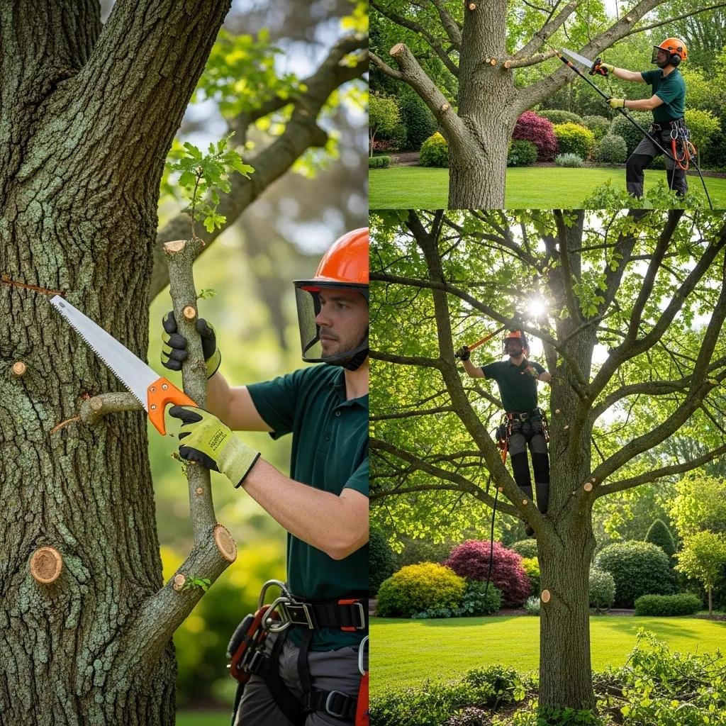 Certified arborist using a saw to trim tree branches, demonstrating essential tree trimming techniques in a garden setting, with a focus on maintaining tree health and aesthetics.