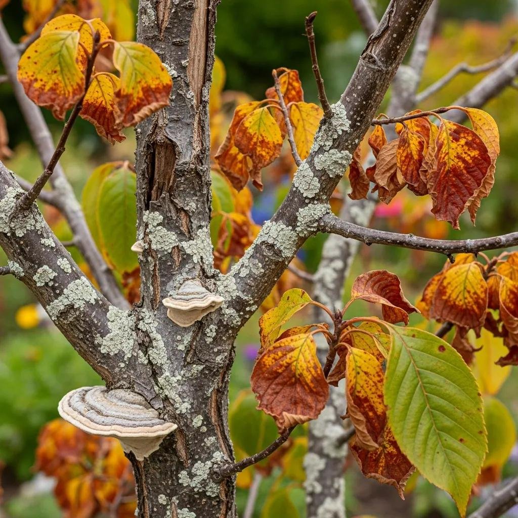 Close-up of a tree exhibiting signs of disease and stress, featuring discolored leaves and fungal growth on the trunk, highlighting the need for health-focused trimming and professional assessment.