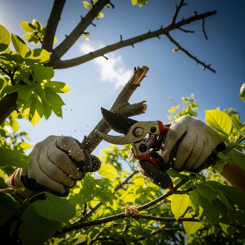 Close-up of hands using pruning shears to trim a tree branch, emphasizing tree health and disease prevention in a lush green environment.