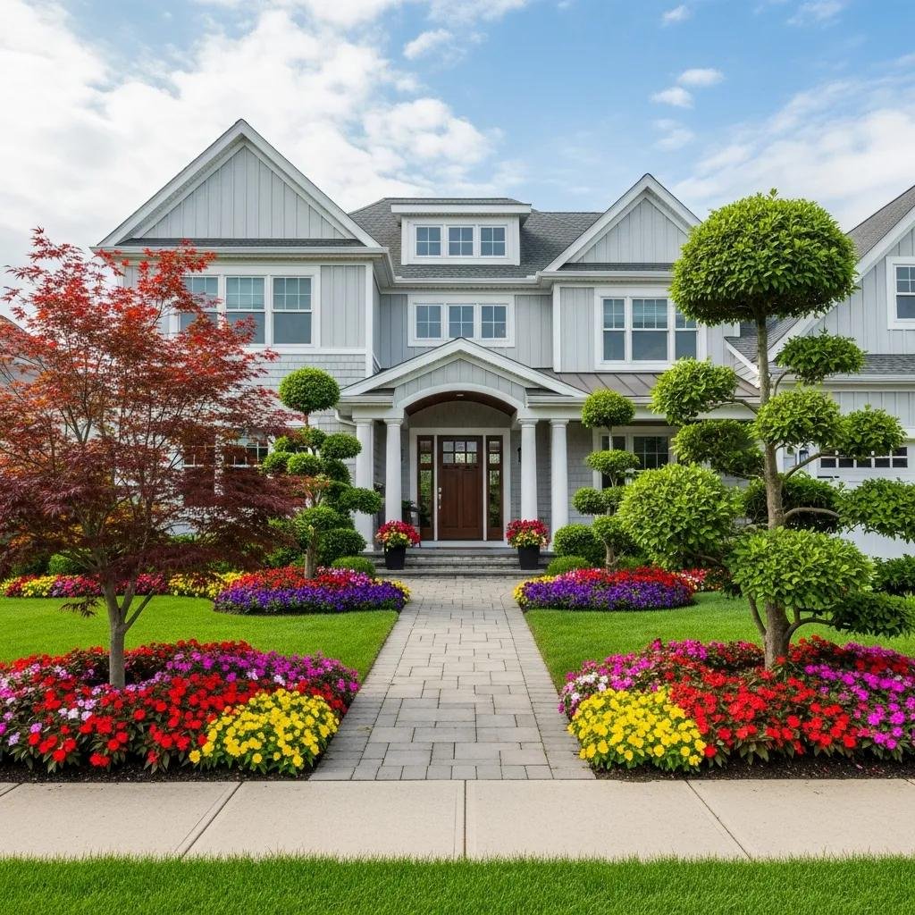 Well-maintained landscape featuring expertly shaped trees and vibrant flower beds enhancing property aesthetics and marketability.