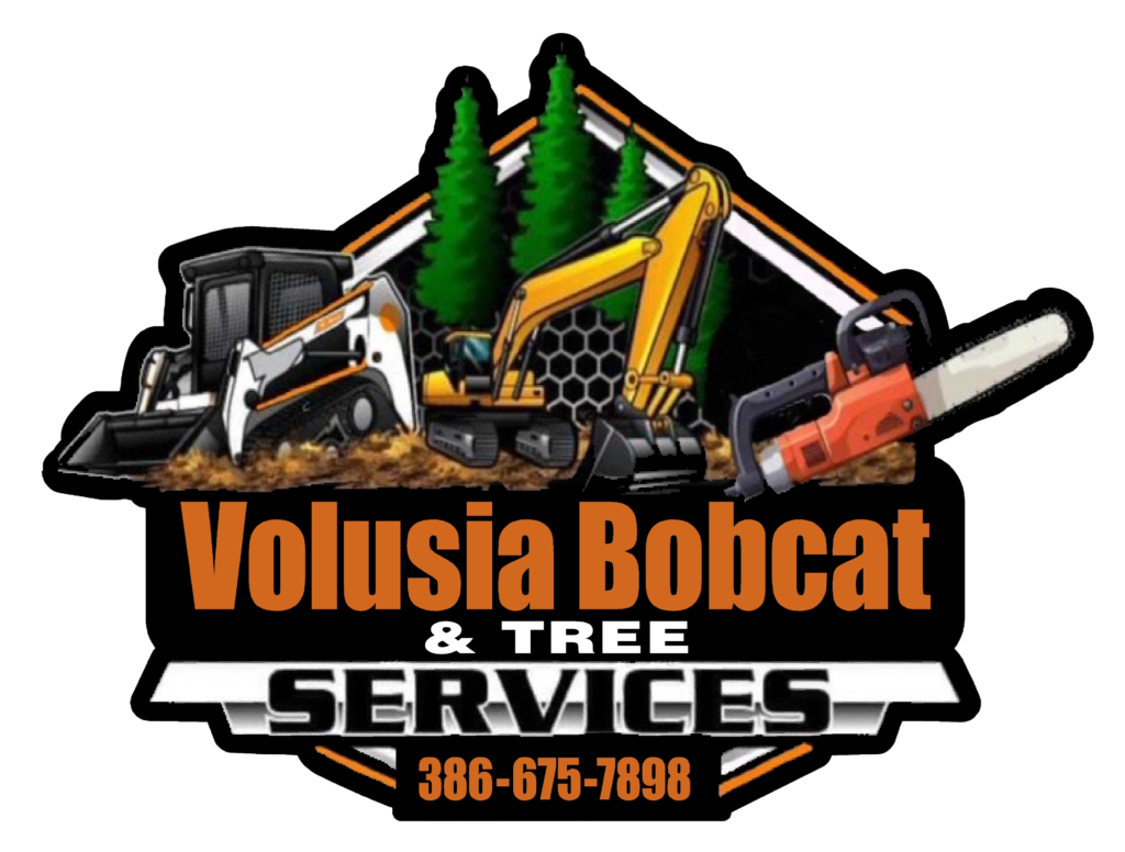 Volusia Bobcat & Tree Services logo featuring heavy machinery, a chainsaw, and pine trees, representing expert tree care and removal solutions in Central Florida.