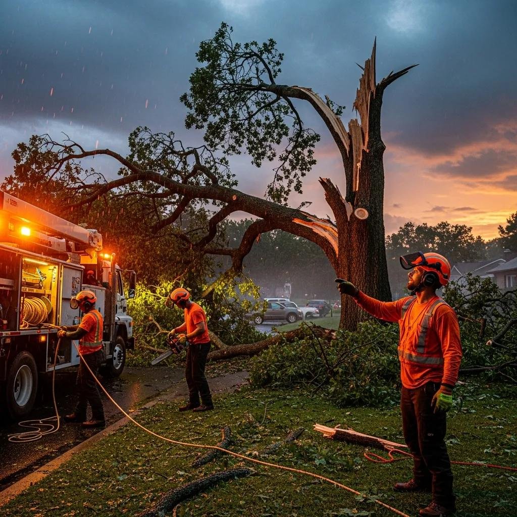 Emergency tree service team responding to storm-damaged tree, showcasing tree removal and safety measures in action, with equipment and debris visible.