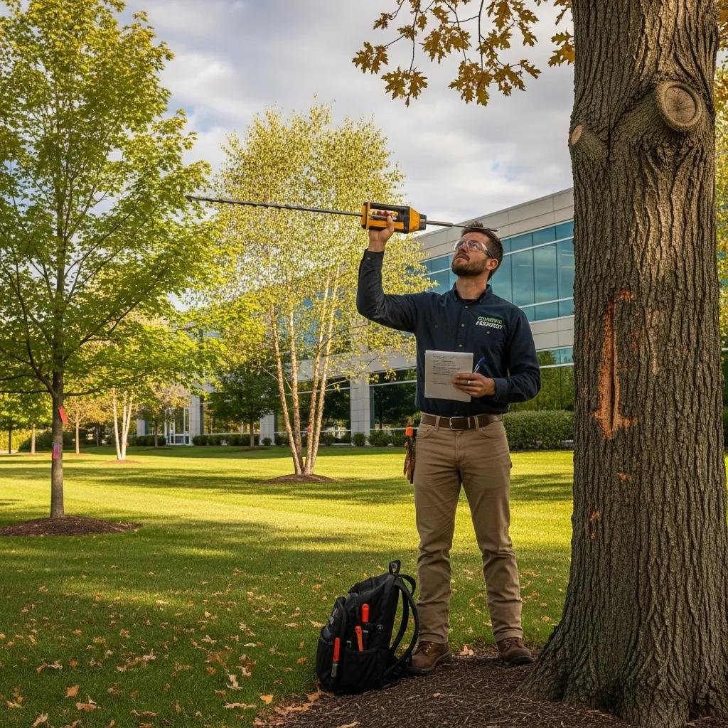 Certified arborist conducting a visual inspection with a sonic device during a tree risk assessment in a commercial property setting, surrounded by healthy trees and a modern building.