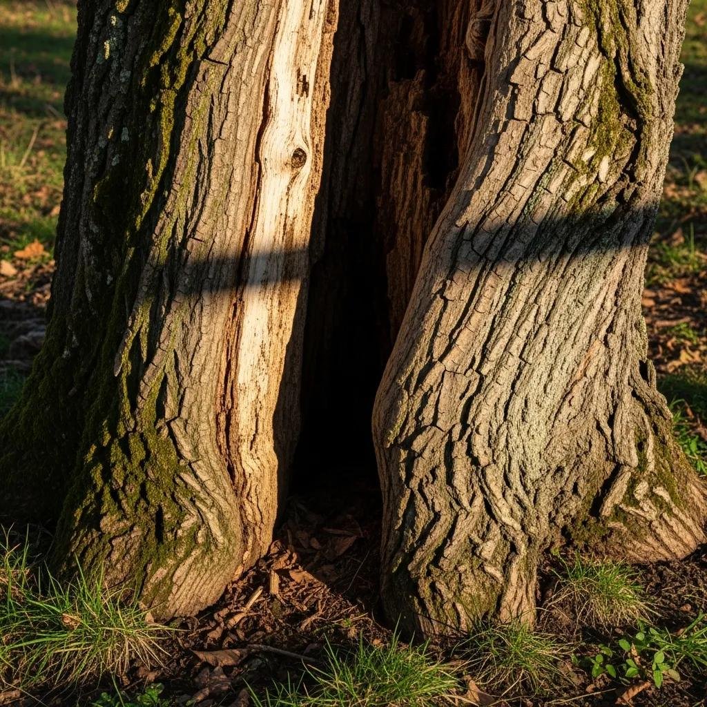 Close-up of a tree trunk displaying large cracks and hollow sections indicating structural defects and internal decay, relevant for identifying hazardous trees and requiring professional arborist assessment.