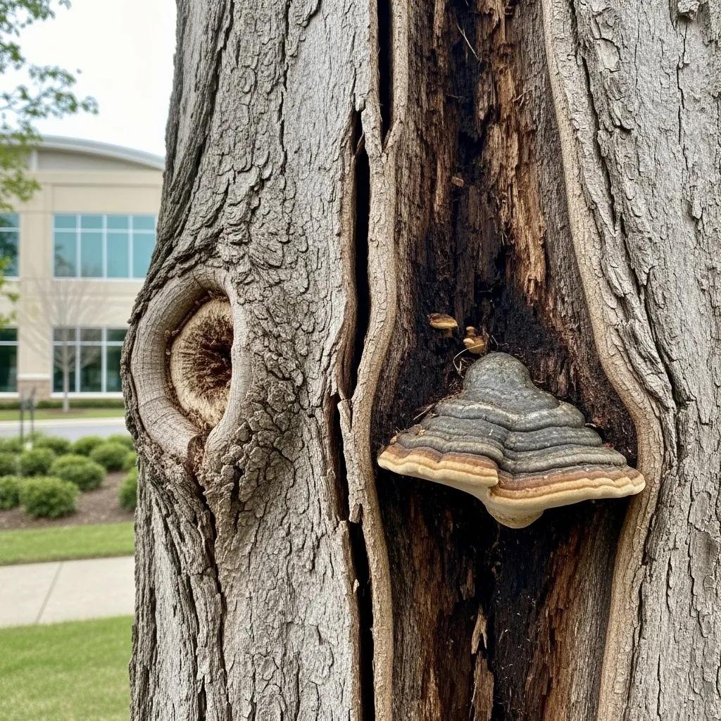 Close-up of a tree trunk showing structural defects, including a large fungus growth and visible cracks, in a commercial property setting, highlighting potential hazards for tree risk assessments.